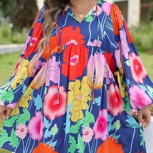 Floral V-Neck Swing Dress in Navy with Multicolor Bloom